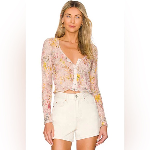 Free People We The Free Angelina Floral Lace Long Sleeve Top Pink Yellow‎ Medium - Picture 1 of 15